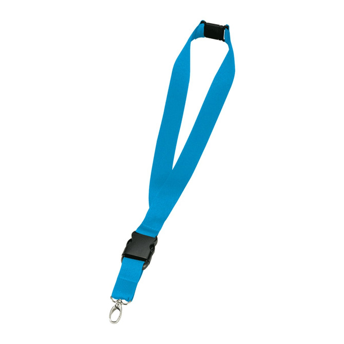 A blue 25mm lanyard with a plastic clasp and a metal hook for attachments. It features a small logo.