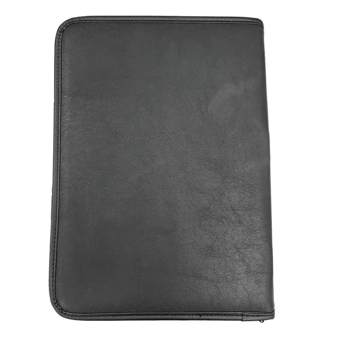 A black leather portfolio with a textured finish and a zippered edge. It features a logo on the front.