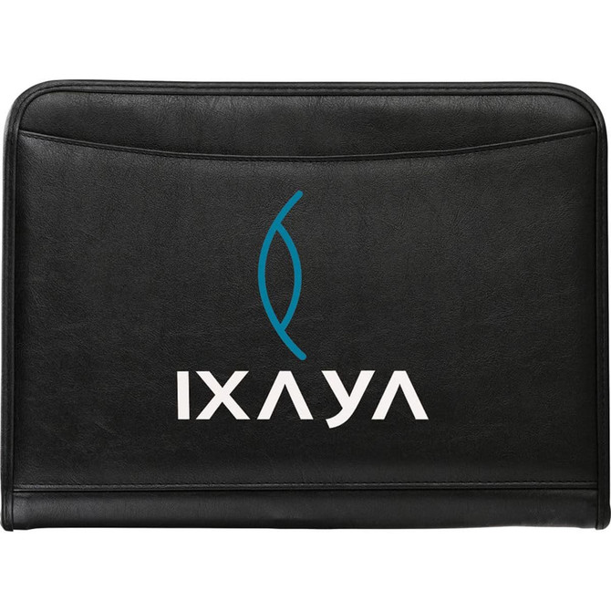 A black portfolio with a smooth surface and a logo displayed prominently on the front.