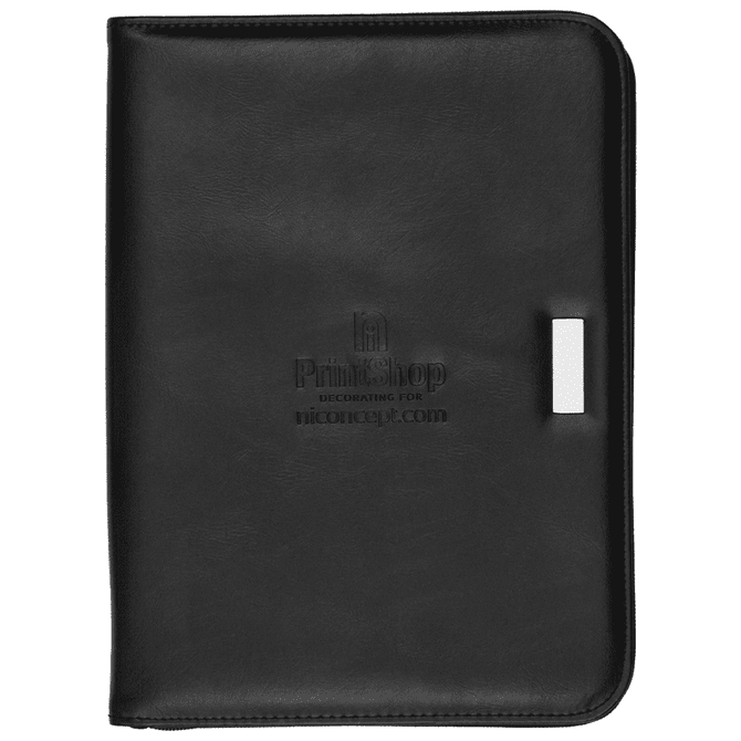 A black compendium with a smooth finish, featuring a silver clip and a logo on the front.