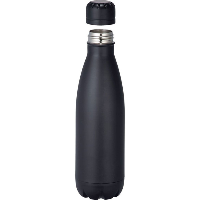 A drink bottle in matte black with a screw-on lid, featuring an insulated design for temperature retention.