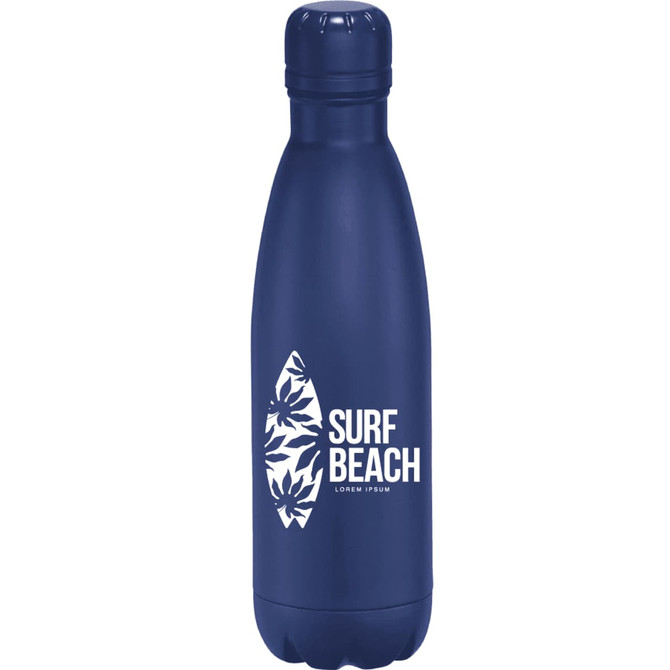 A drink bottle in navy blue with a sleek design and a logo printed on the front.