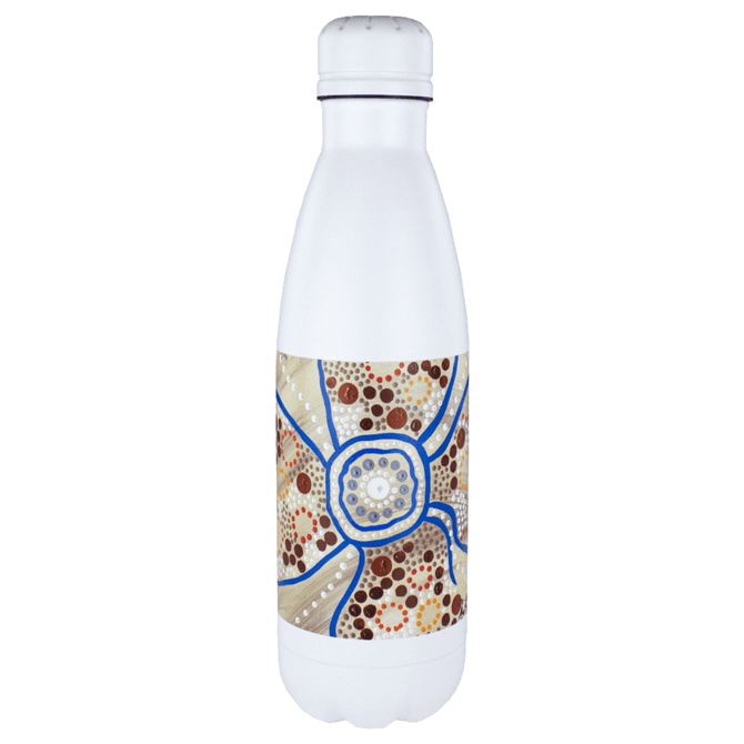 A drink bottle with a white exterior and an artistic, colourful design featuring earthy tones and patterns.
