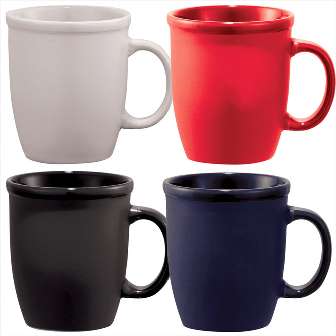 A set of ceramic mugs in white, red, black, and navy blue, featuring a rounded design and handle.