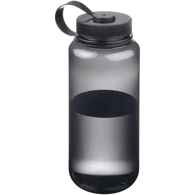 A drink bottle in a translucent grey colour with a black lid and a carrying strap, featuring a logo.