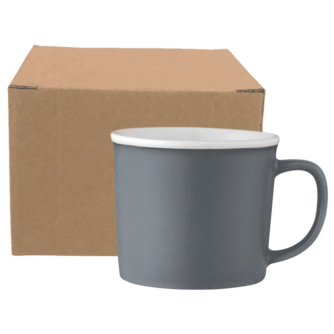A grey ceramic mug with a white rim next to a plain cardboard box. The mug is 350ml in size and features a logo.