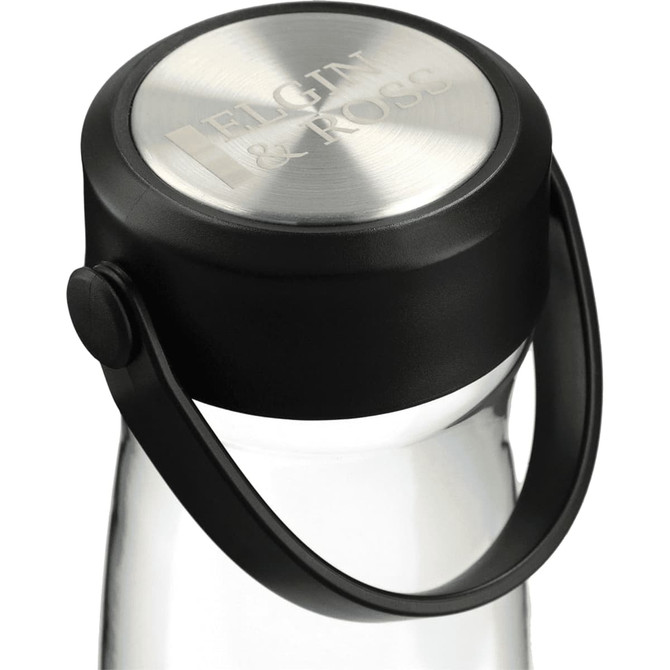 A drink bottle with a clear body, black lid, and a handle. It features a metal accent on the cap.