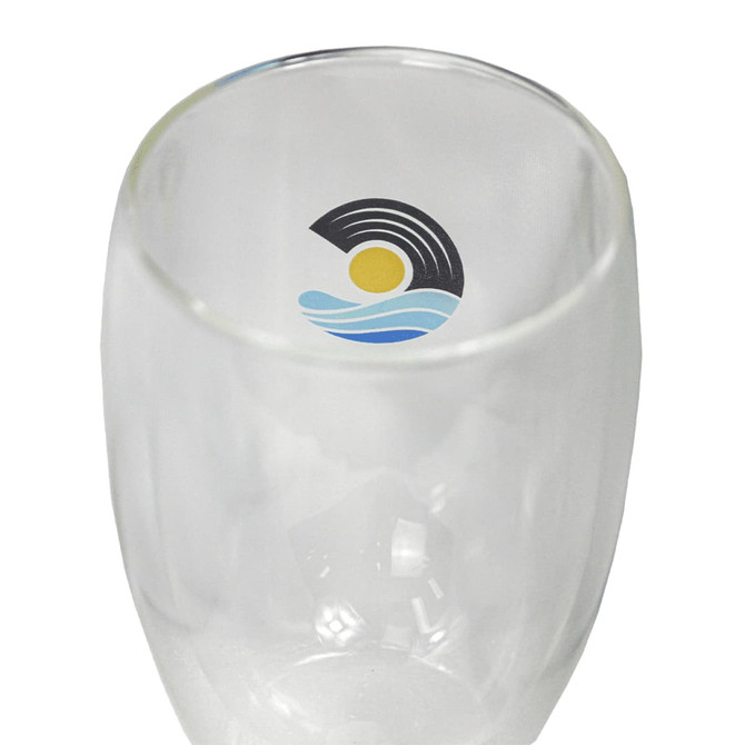 A drink bottle with a sleek glass design and a bamboo lid, featuring a logo and a capacity of 355ml.