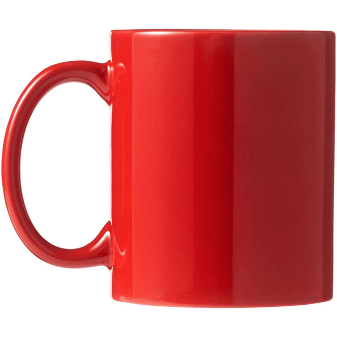 A red ceramic coffee mug with a handle, presented in a folded box.