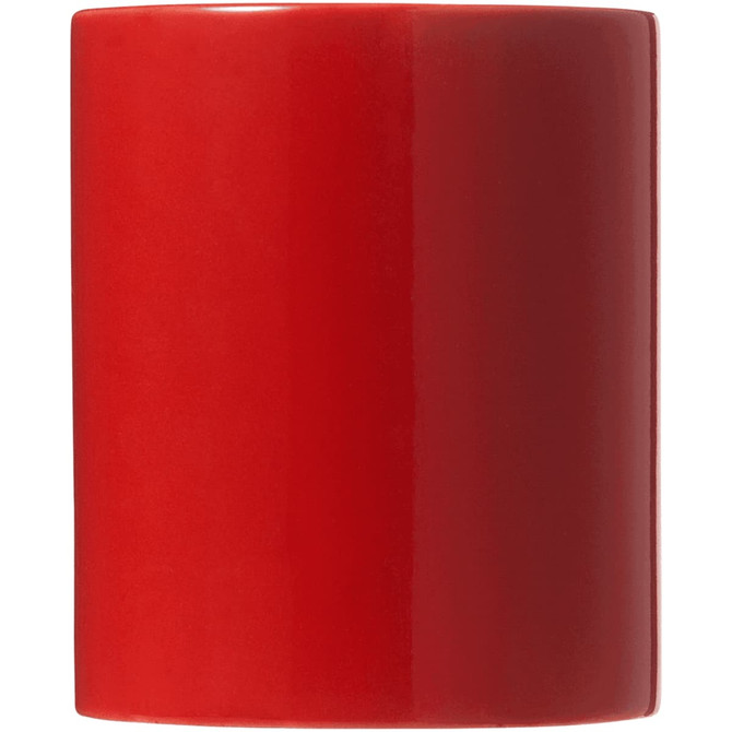 A ceramic mug in vibrant red, presented in a folded box, featuring a smooth, glossy finish.