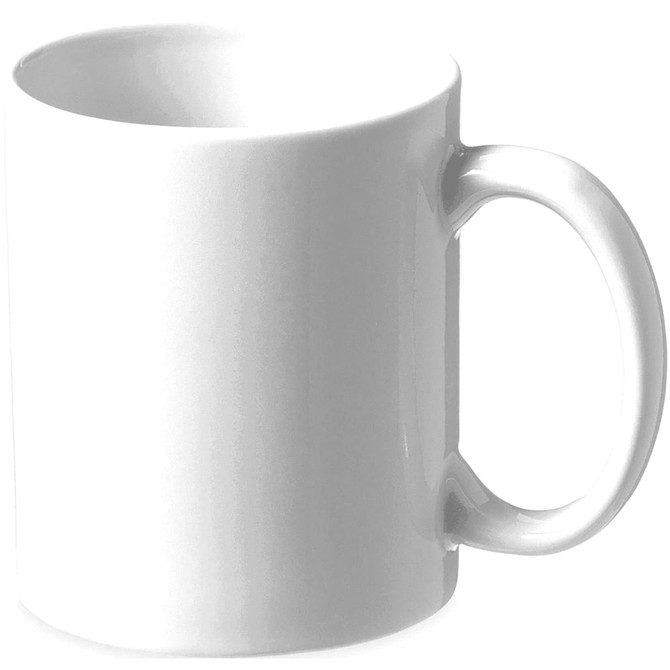 A white ceramic mug with a handle, presented in a folded box. Features a simple, clean design.