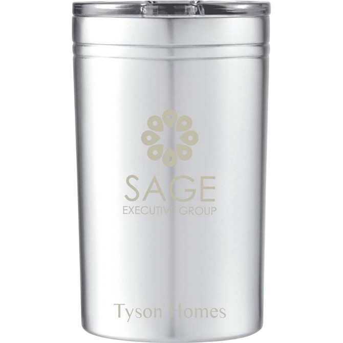 A drink bottle featuring a silver stainless steel design and a clear lid, with branding on the front.