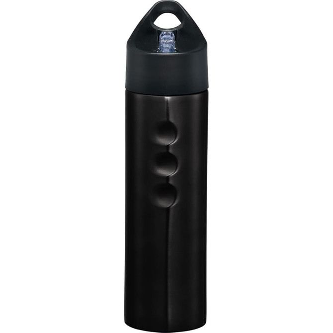 A drink bottle in black stainless steel, featuring a black lid with a built-in handle and a logo.