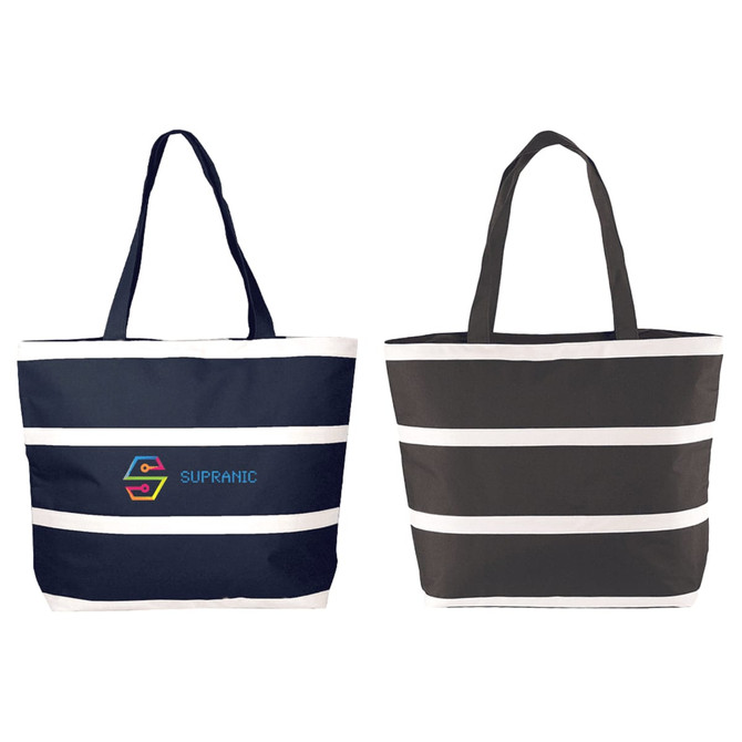 A striped insulated cooler bag in navy blue and black, featuring a logo on the front. Ideal for keeping items cool.