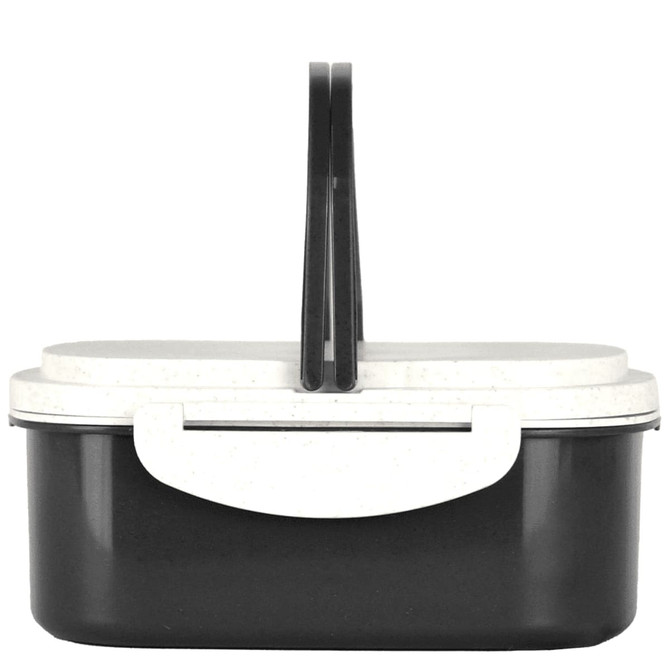 A black and white plastic lunch box with a handle, featuring a sleek design and a secure lid.