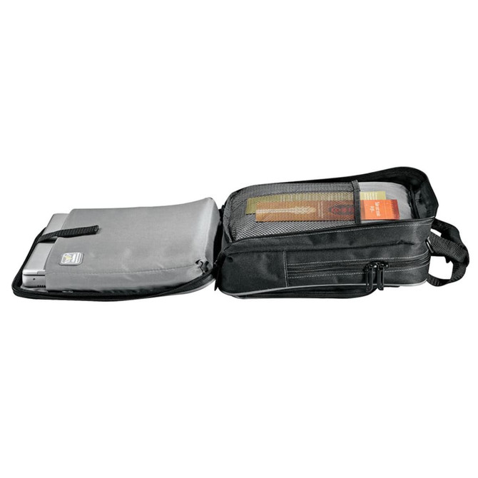 A black laptop bag with a padded compartment and mesh pocket, showcasing storage for a laptop and documents.