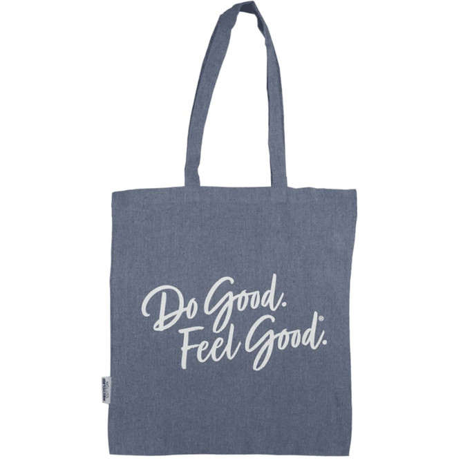 A blue recycled cotton twill tote bag with a white logo and text design.