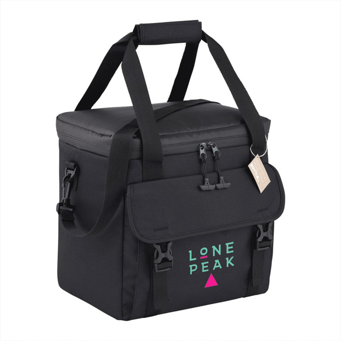 A black cooler bag with a logo, featuring dual carrying straps and a zippered top, suitable for holding beverages.