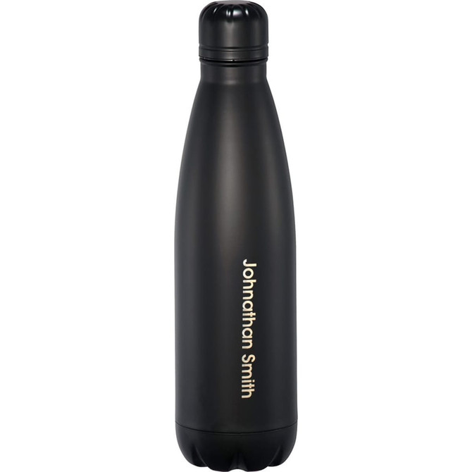 A drink bottle in matte black finish, featuring a sleek design and a logo on the surface. 760ml capacity.