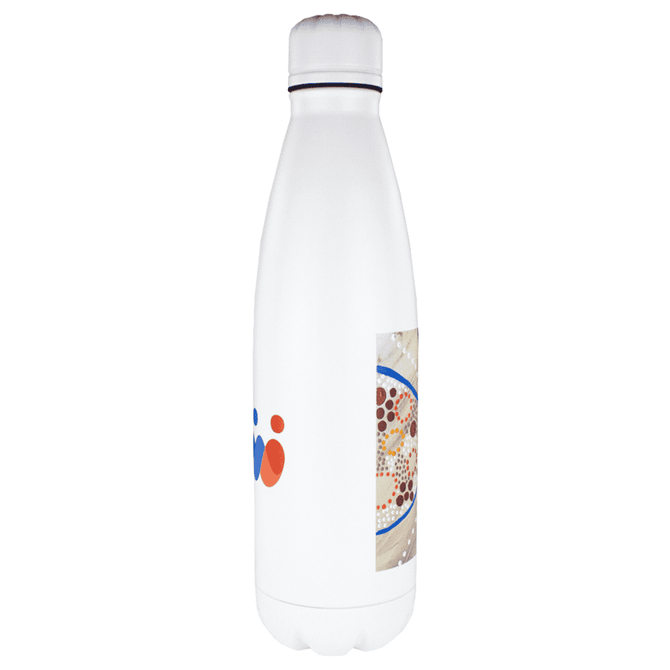A drink bottle in white with a rounded shape and a logo, suitable for insulated beverage storage.
