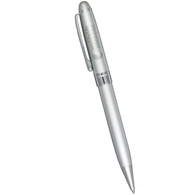 A silver metal ballpoint pen with a shiny finish and a clip. It features a logo on the barrel.