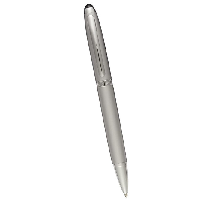 A metallic silver ballpoint pen with a sleek design and a small logo on the barrel.