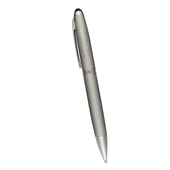 A silver metal ballpoint pen with a black stylus tip and a branding logo.