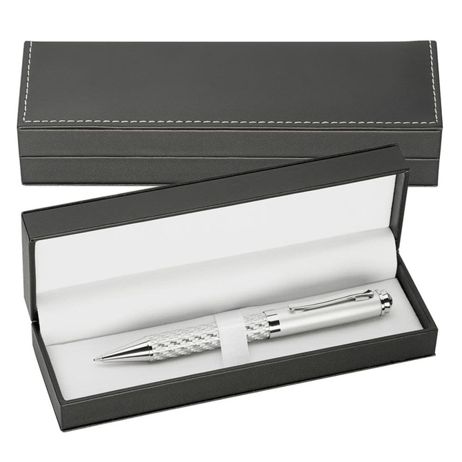 A sleek grey pen box with a white inner lining, featuring a silver pen inside. The box includes subtle stitching details.