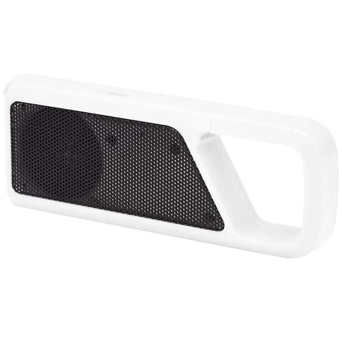 A white Bluetooth speaker featuring a black mesh speaker grille and a handle for portability.
