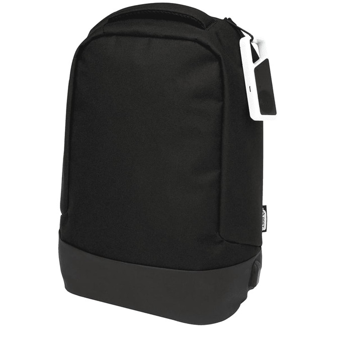A black backpack with a sleek design featuring a zippered closure and a sturdy base. It has a logo on the side.