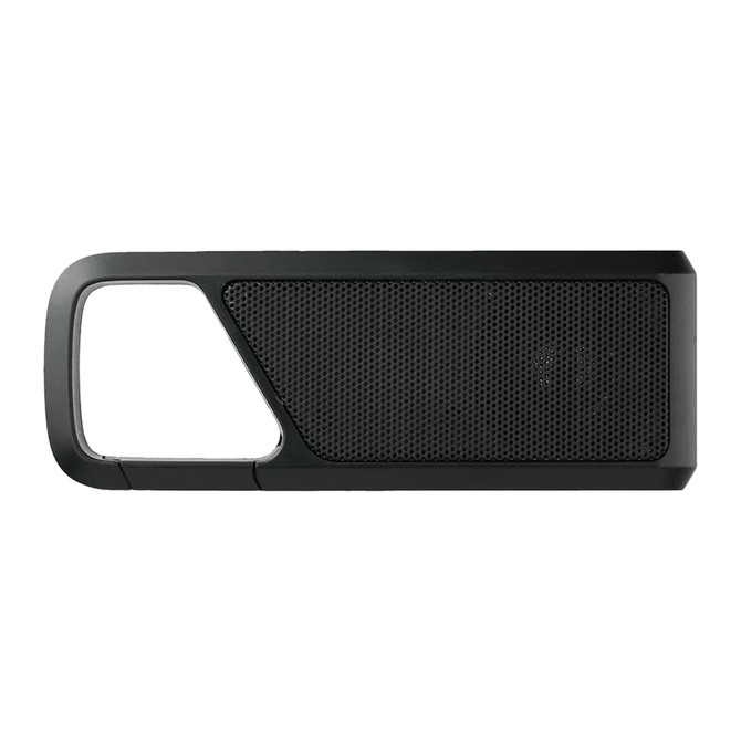 A black Bluetooth speaker with a sleek design and mesh speaker grille, featuring a logo.