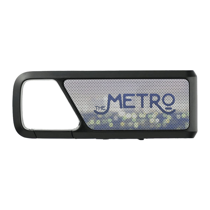 A black Bluetooth speaker featuring a mesh speaker grille and branding.