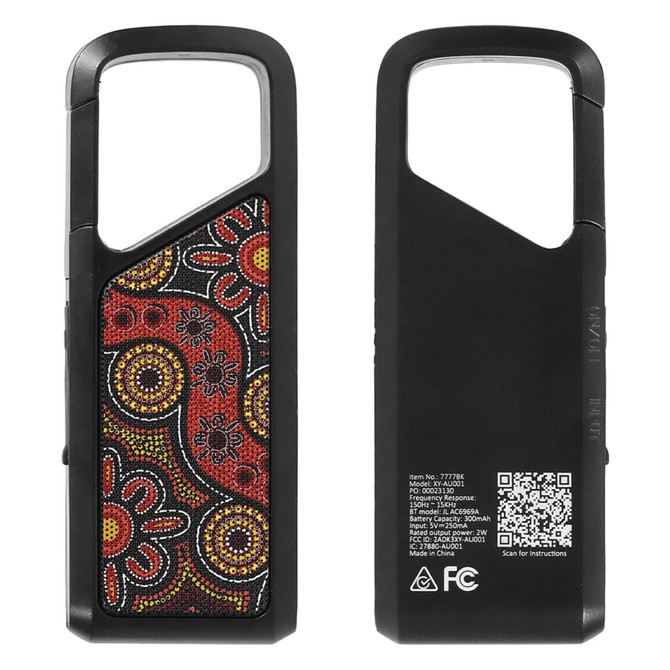 A Bluetooth speaker featuring a black frame with a vibrant Indigenous-inspired patterned design. It has a logo on the side.
