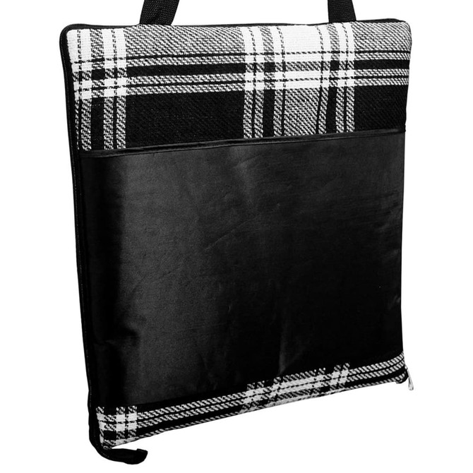 A picnic rug featuring a black and white checkered pattern with a black backing and a front pocket.