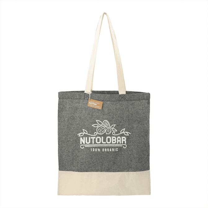 A grey and cream cotton twill tote bag featuring a logo and two sturdy handles.