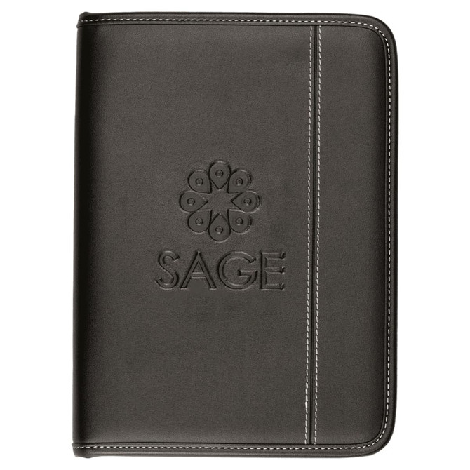 A5 zippered compendium in black leather with embossed logo and white stitching detail. Ideal for office use.