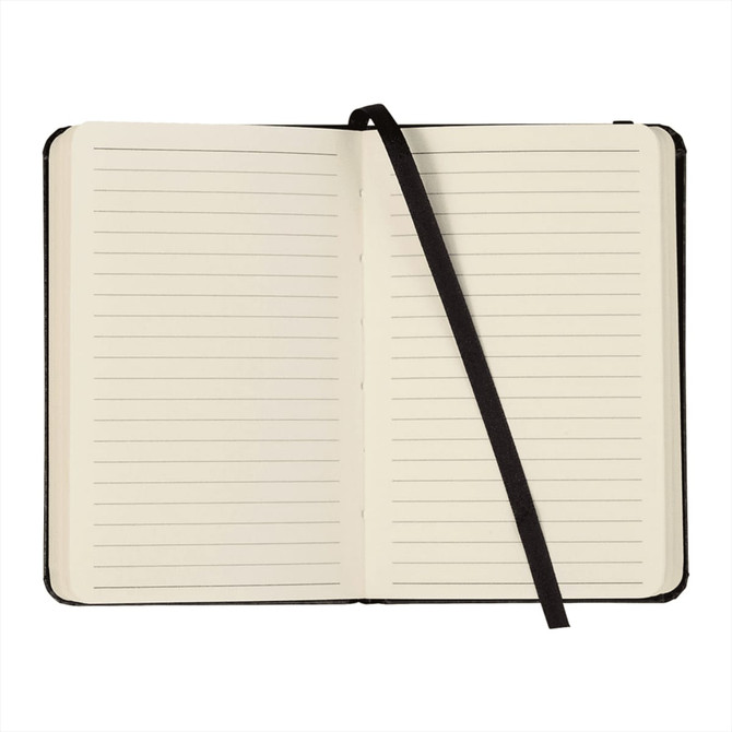 A black bound journal with lined pages and a black ribbon bookmark. It has a logo on the cover.