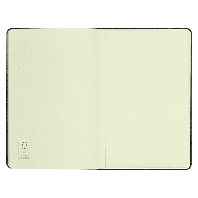 A black journal with blank pages and a logo. The interior features a smooth, light cream-coloured finish.