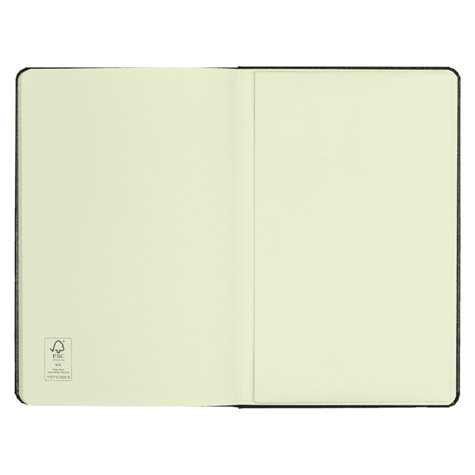A black journal with blank pages and a logo. The interior features a smooth, light cream-coloured finish.