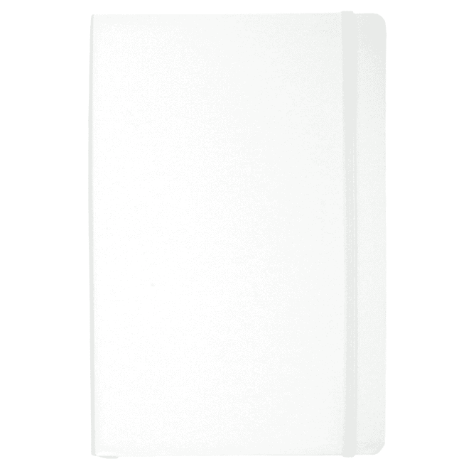 A white hardcover journal with an elastic band closure and a simple design, featuring a logo on the front.