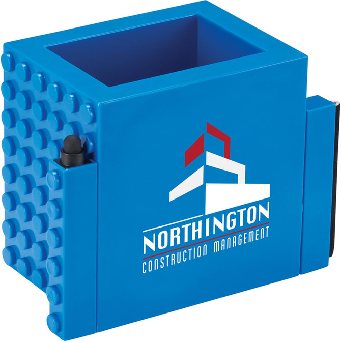 A blue pen pot with a textured design and a logo, featuring a compartment for storing pens and other office items.