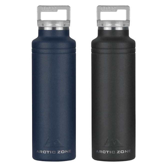 A drink bottle set featuring a navy blue and a black insulated design, both with a handle and a logo.