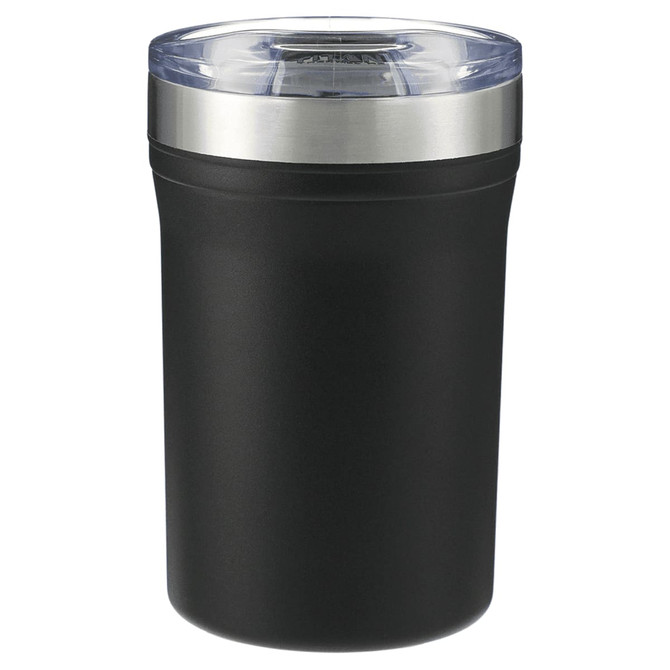 A drink bottle with a black body and a silver rim, featuring a clear lid and a logo on the front.