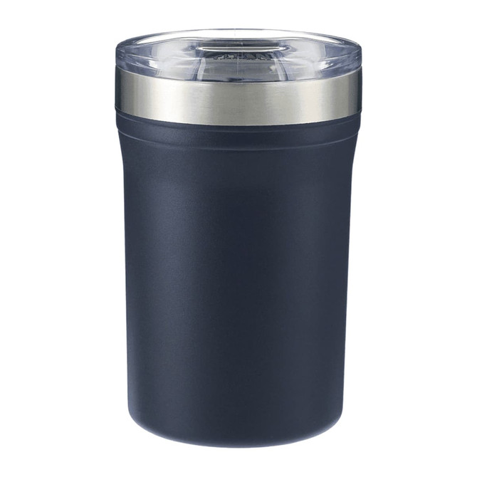 A drink bottle in dark grey with a stainless steel lid and a clear top. Features a logo.