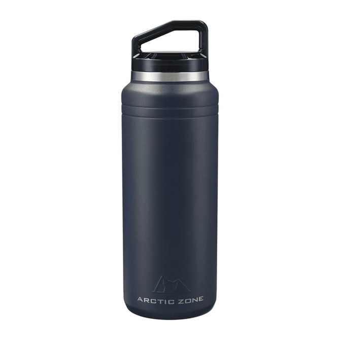 A drink bottle in dark navy with a stainless steel lid and a handle, featuring a logo on the front.