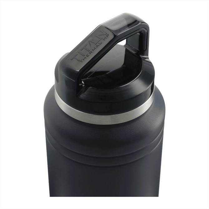 A drink bottle in matte black with a silver band and a handle on the lid. It features a logo on top.