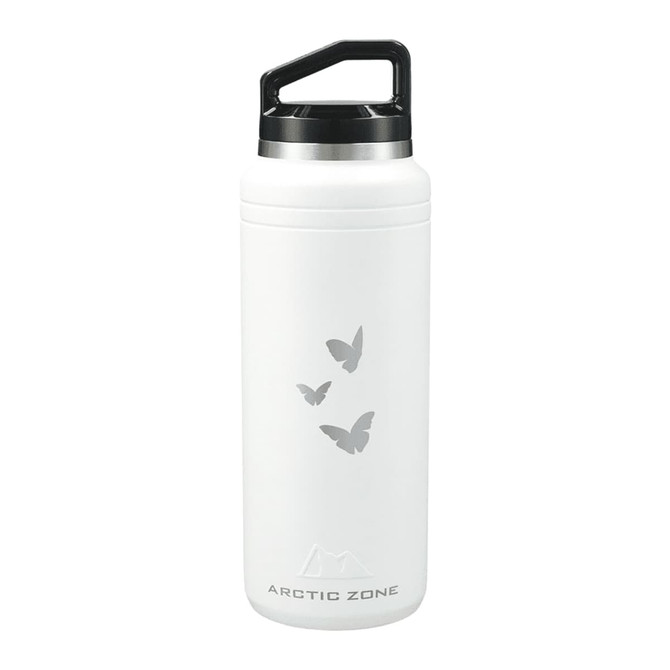 A drink bottle in white with a black lid and handle, featuring butterfly designs and a logo.