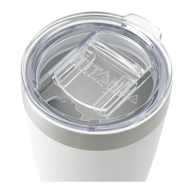 A drink bottle in white with a silver band and a clear lid featuring a sliding closure and a logo.