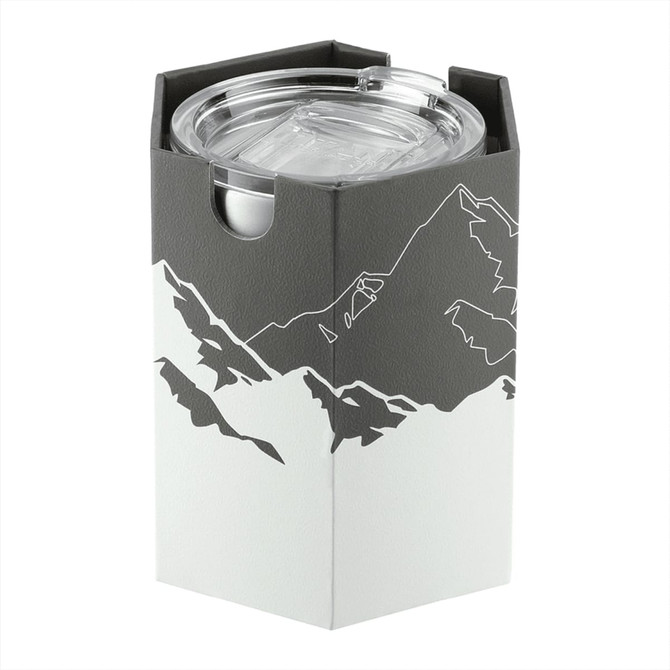 A drink bottle with a mountain design, featuring a clear lid and a grey and white colour scheme. It includes branding.