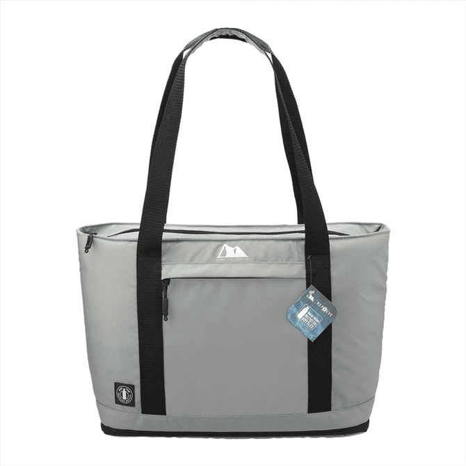 A grey expandable cooler bag with black straps, featuring a front pocket and a logo tag.